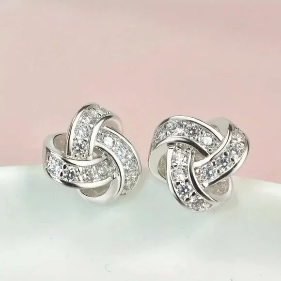 CZ and Silver Tone Bling Knot Stud Earrings #1456 - Picture 4 of 6